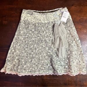 NWT FREE PEOPLE Sage Green Silk Skirt w/ Lace Overlay & Ruffled Netting